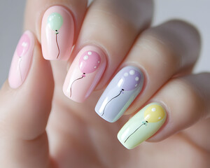 Delicate pastel nails adorned with charming balloon designs, radiating joy and creativity, perfect for celebrations.