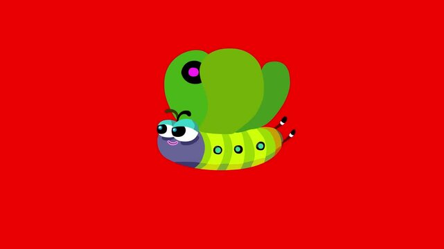Cartoon butterfly green colors body and wings wings on redbox. Cute flying character isolated animation. Red screen seamless loop.