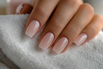 Delicate ombre nails in soft pink shades resting on a plush towel, embodying beauty and elegance.