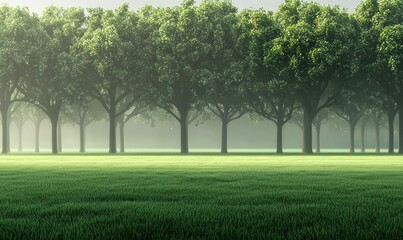 Obraz premium A tranquil row of green trees recedes into the gentle mist, rising from the grassy field in the early morning.