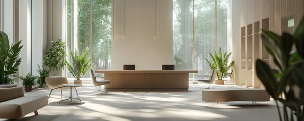 Fototapeta premium A modern minimalist office interior filled with natural light and plants