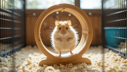 A fluffy pet hamster runs energetically on a small wheel inside its cage, showcasing its playful spirit and vibrant personality in a comfortable habitat.