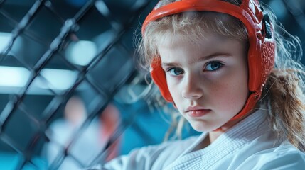A focused young girl in red headgear stands ready for her martial arts match, showcasing her fierce determination and passion for the sport she loves.