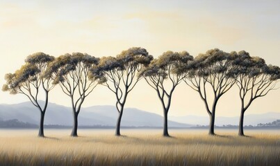 Obraz premium A tranquil landscape of eucalyptus trees standing tall in a golden field with misty mountains.