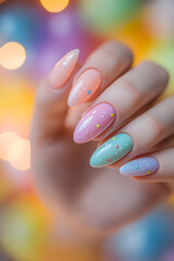 A close-up of a hand showcasing beautifully manicured pastel nails, adorned with sparkling details against a soft, vibrant background.