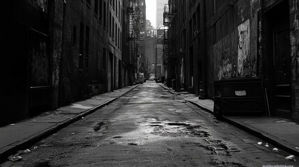 Fototapeta premium Gritty Monochrome City Alley. Evokes Film Noir, Urban Decay, And Mystery.