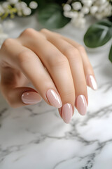 Fototapeta premium A graceful hand displays a delicate manicure, featuring glossy pink nails against a serene marble backdrop, evoking style and elegance.