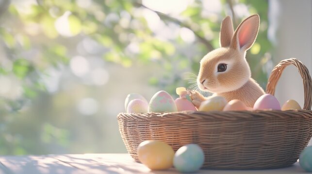 A cheerful bunny sitting next to a wicker basket full of painted Easter eggs dipping a brush into soft pastel paint while its ears perk up in excitement. Created with generative AI.