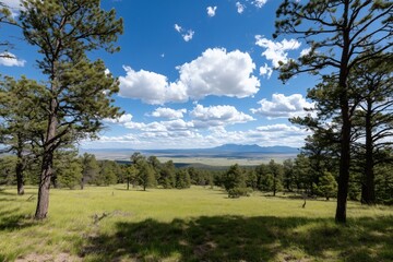 Obraz premium Scenic view of meadow and forest under a cloudy sky