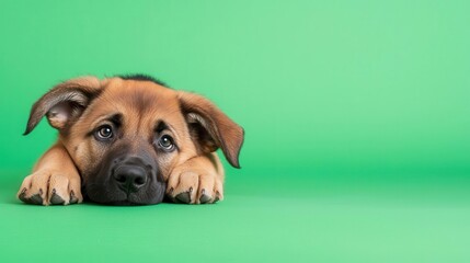 Obraz premium Realistic 1monthold Anatolian Shepherd puppy lying down with big paws, strong and fluffy, green screen setup for compositing
