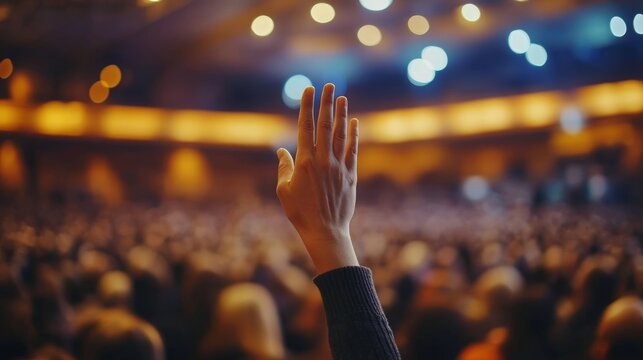 Raised hand, people and audience asking or voting at business meeting, conference or trading seminar. Hall, closeup and back view for convention, workshop gathering, or ask a question in workplace 