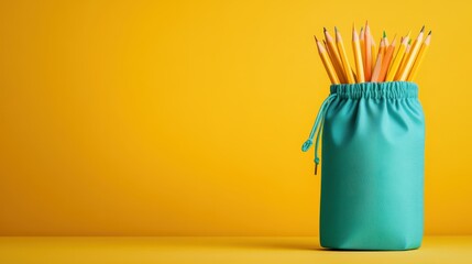 This image features a vibrant green pouch filled with various colored pencils against a bright yellow backdrop, creating a playful and artistic atmosphere.