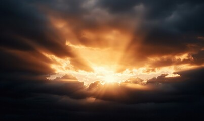 Fototapeta premium Golden sunbeams stream through a dramatic cloudscape, creating a breathtaking sunset scene.