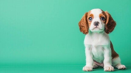 Realistic 1monthold Cavalier King Charles Spaniel puppy sitting obediently, soft ears and big eyes, green screen background for editing