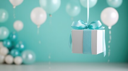 A beautifully wrapped gift box hangs amidst colorful balloons, capturing the essence of celebration and joy, making it perfect for invitations or promotional materials.