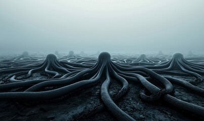 Eerie Landscape With Multiple Octopuses