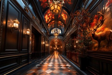 Obraz premium A heraldic design of a stag and oak tree, with vibrant colors and gold accents, painted on an ancient castle wall