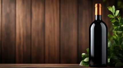 A stunning red wine bottle is elegantly positioned against a rustic wooden background, surrounded by greenery, imparting a sense of warmth and inviting ambiance.