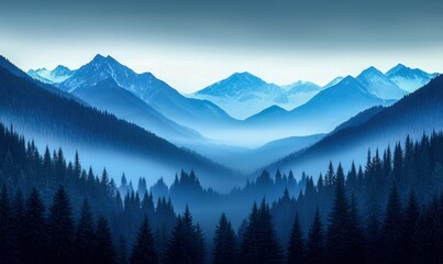 Obraz premium A tranquil vista of mountain peaks covered in early morning fog rolling gently through valleys.