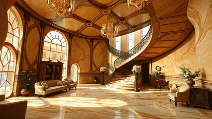 Interior of an ornate cathedral with marble arches, stained windows, and historical religious elements in a luxurious European palace-style building