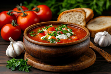 borscht in a wooden bowl on a table, with tomatoes and garlic nearby. the borscht has a deep red color