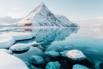 A hyper-realistic depiction of a mountain lake reflecting a snow-covered peak, with the water so clear you can see fish and rocks below the surface