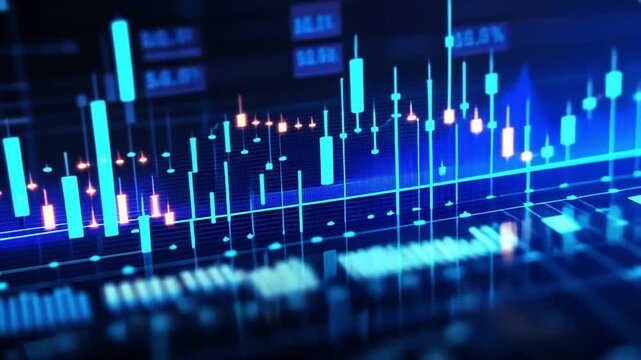 Animation showcases vibrant data visualizations with dynamic blue and orange elements. The display highlights trends and patterns essential for understanding complex information