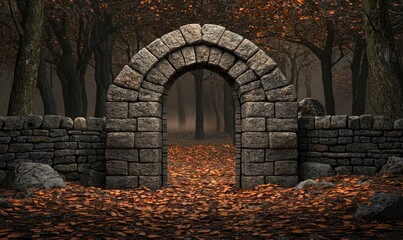 A weathered stone archway beckons amidst a serene forest scene adorned with autumnal foliage.