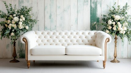 An exquisite Chesterfield-style white sofa adorned by beautiful flower arrangements, presenting a captivating blend of sophistication and natural beauty in a serene setting.