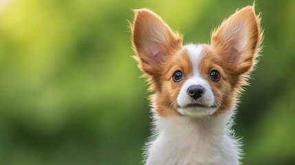 Obraz premium Realistic 1monthold Papillon puppy with large butterflylike ears, delicate and playful, highquality film against a green background