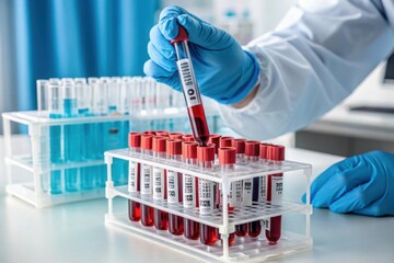 A laboratory technician places a blood sample into a rack of test tubes, showcasing the process of medical testing and analysis.