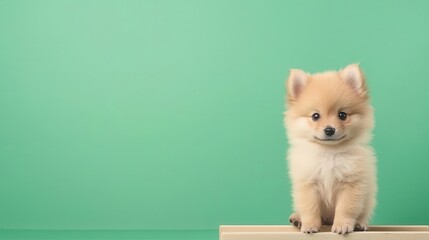 Realistic 1monthold Pomeranian puppy standing still, fluffy and tiny, ideal for video compositing, green screen background