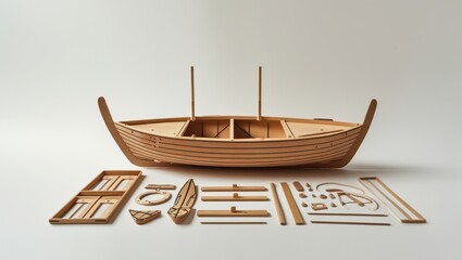 Fototapeta premium Disassembled Wooden Toy Boat Kit with Precision Cut Parts on White Background