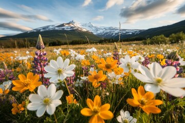 Fototapeta premium A mountain meadow filled with blooming lupines, with snowy peaks rising in the distance under a bright blue sky