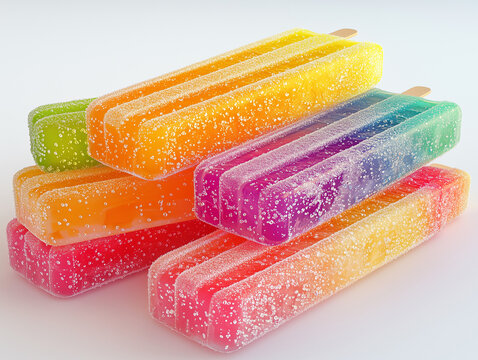 Colorful popsicles in rainbow layers with bubbles on top, refreshing summer treat
