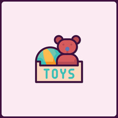 Box brimming with colorful toys, featuring a cute teddy bear icon