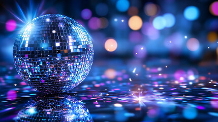 Dazzling Reflections of Joy - close-up of a spinning disco ball scattering beams of rainbow light across a dark room, filling the space with energy.