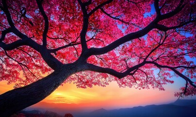 A vibrant pink blossom tree is silhouetted against a colorful sunset, creating a peaceful landscape.