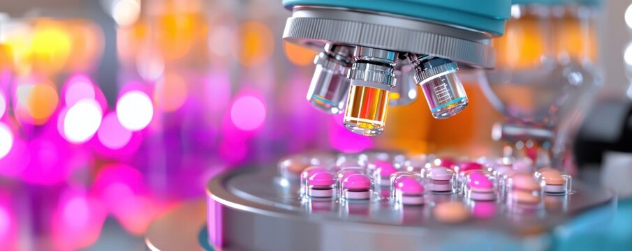 Delve into the future of medicine with this captivating image showcasing a pharmaceutical lab technician diligently analyzing pills under a state-of-the-art holographic microscope Witness