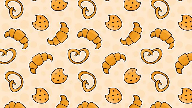 Animation of the pattern with sweets.Pattern with a cake. Animation for the background. Doodle style donuts. animation. video with a cake. doughnut. croissant. cake. a piece of cake. cupcake. 