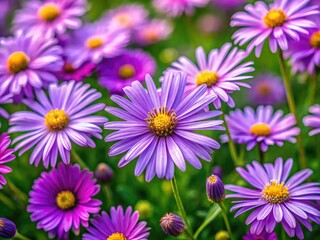 Fototapeta premium High-resolution panoramic wallpaper: purple daisies bloom across a vibrant green meadow.