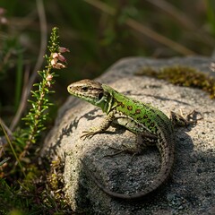 Obraz premium Vibrant Green Spotted Lizard Basking on a Sunlit Rock in a Natural Habitat.