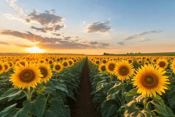 Obraz premium A sunflower field stretching into the distance, with a clear blue sky and fluffy white clouds overhead