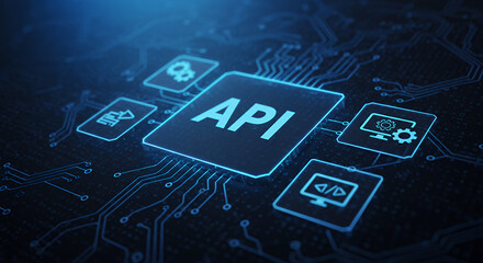 API Connection: Digital Interface, Data Transfer, Integration Technology, Software Development, Circuit Board, Innovation, Security