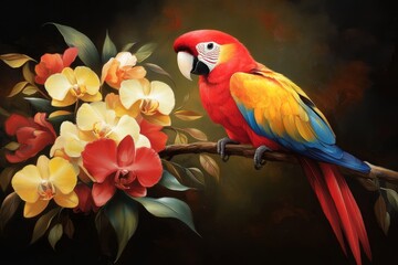Obraz premium A tropical rainforest scene with vibrant orchids hanging from trees and a parrot perched nearby