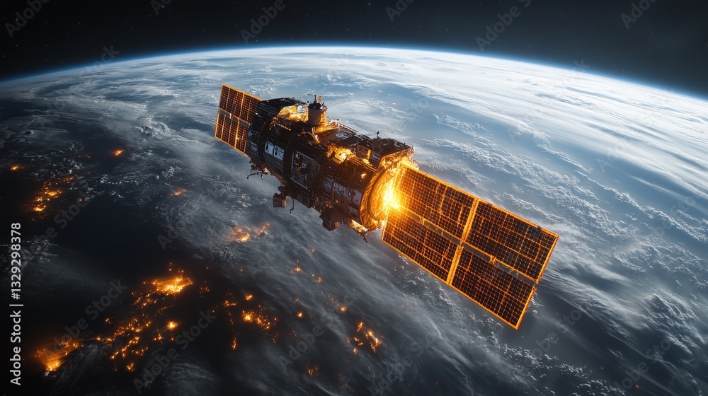 Poster a satellite orbits earth, equipped with solar panels, transmitting vital data while monitoring cosmi