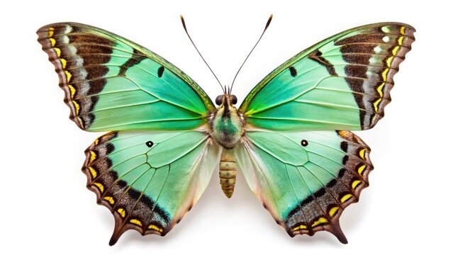 Isolated on white, the Jewelled Nawab (Polyura delphis) displays pale green wings, black tips, and sharp thorns. High-resolution.