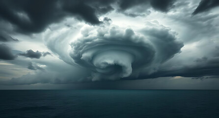 A dramatic view of a hurricane approaching the coast, with swirling dark clouds and a calm ocean in the foreground