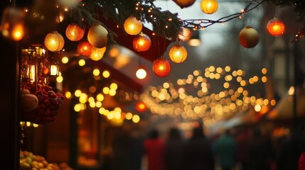 Beautiful Market Scene with Soft Lights and Colorful Orbs Creating a Warm Atmosphere for Visitors and Shoppers in a Winter Wonderland.