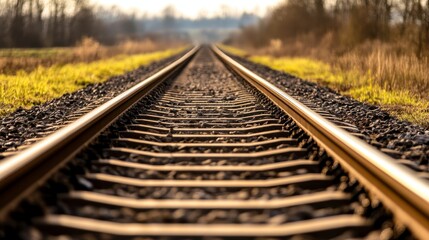 Fototapeta premium Perspective view of railway tracks stretching into the distance, surrounded by lush greenery and soft sunlight
